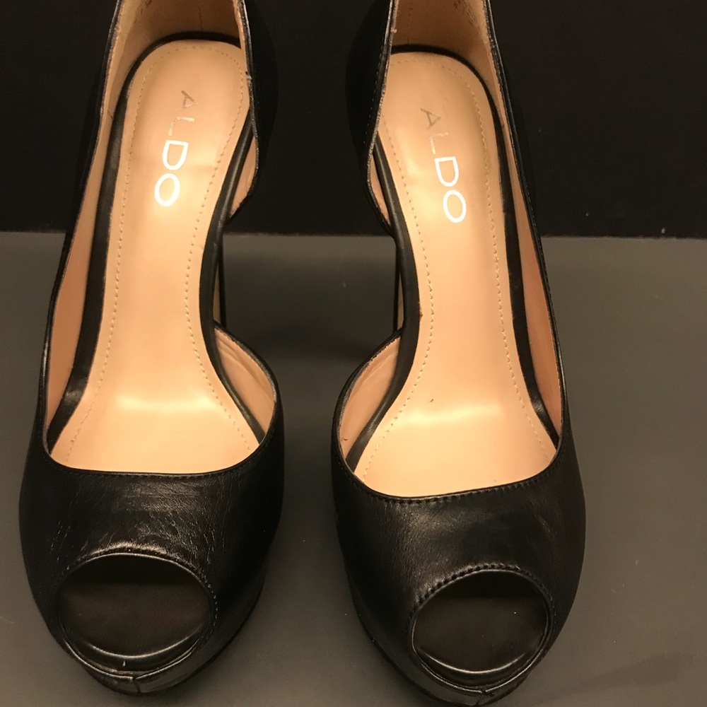 Black leather peep toe heels